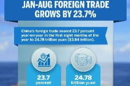 China's foreign trade grows by 23.7% in Jan-Aug