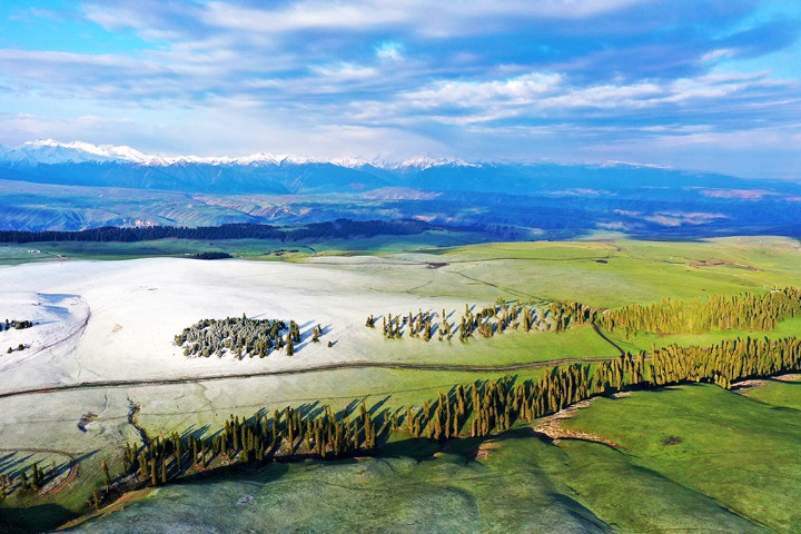 Surprise snowfall in Kalajun Grassland in Xinjiang