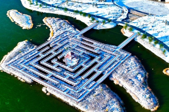 Zhangye’s park looks shimmering coated in ice