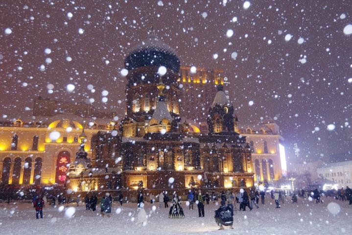 Charming snow view of the Saint Sophia Cathedral in Harbin