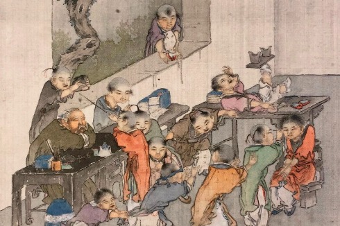 Qing Dynasty painting captures lively scenes of ancient Chinese classroom