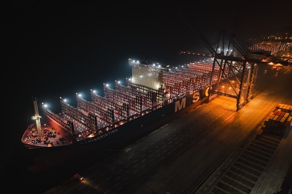 Giant container ship Maria Christina sails from Dalian Port