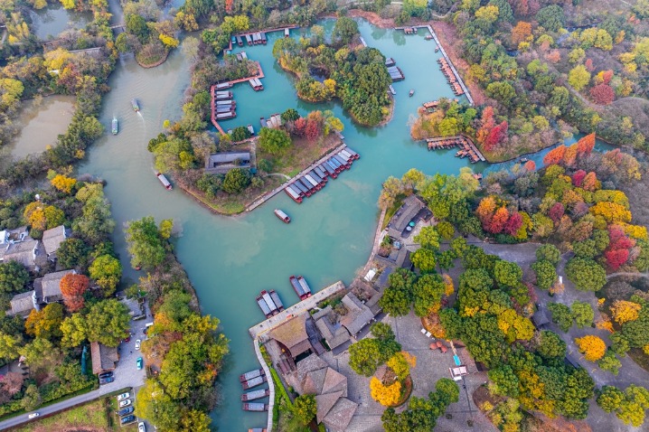 Stunning aerial view of Xixi Wetland National Park in Zhejiang